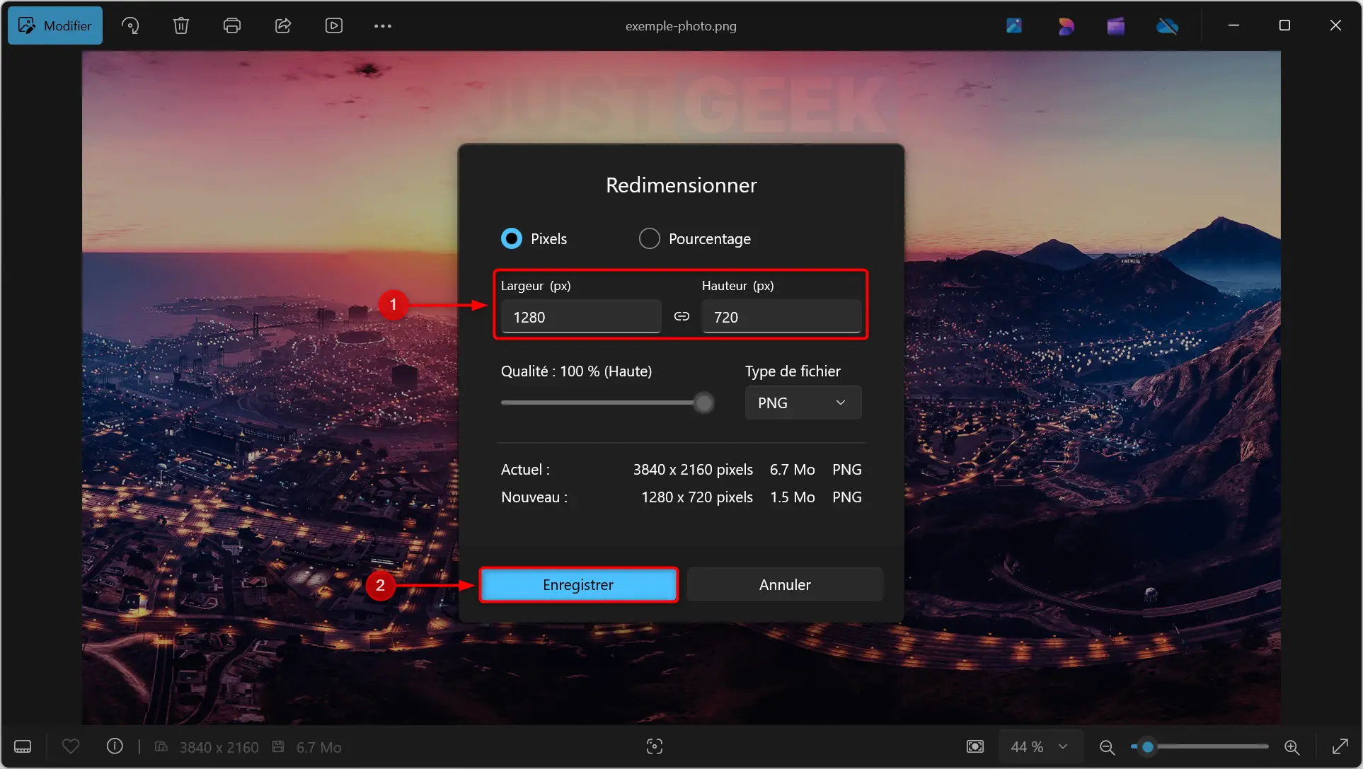 Fenêtre de redimensionnement de l'application Photos avec options de taille personnalisées.
