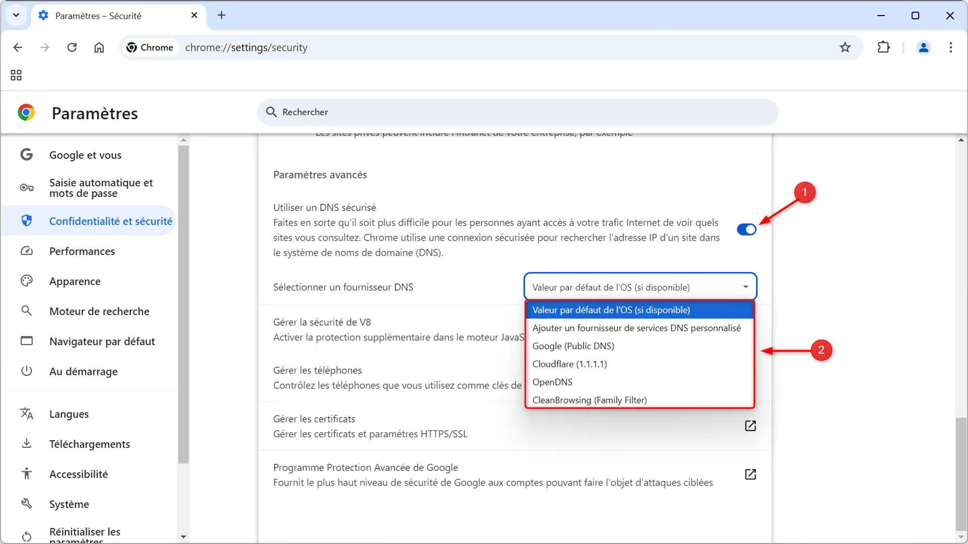 Utiliser un DNS sécurisé dans Chrome