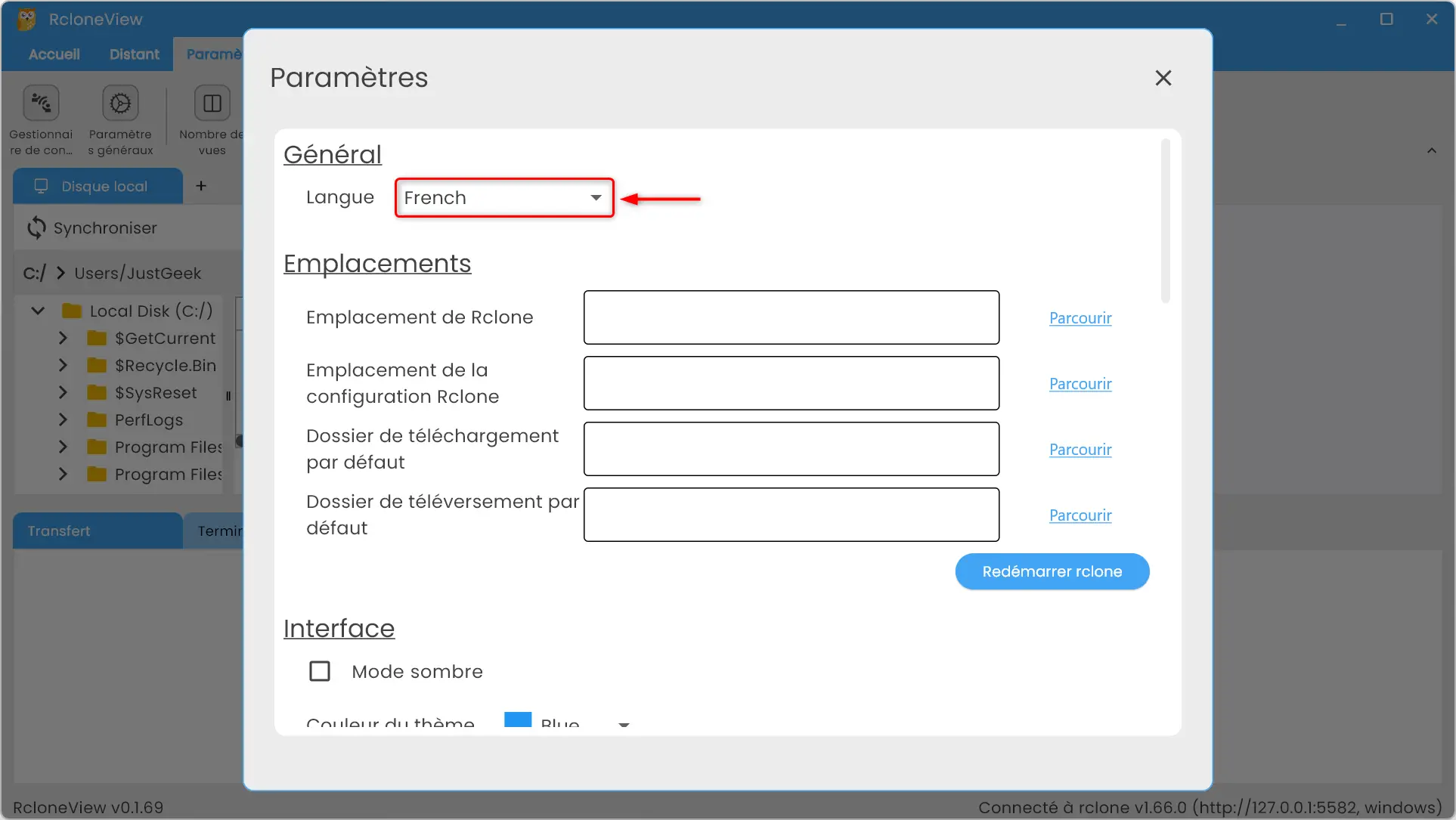Changer la langue dans RcloneView
