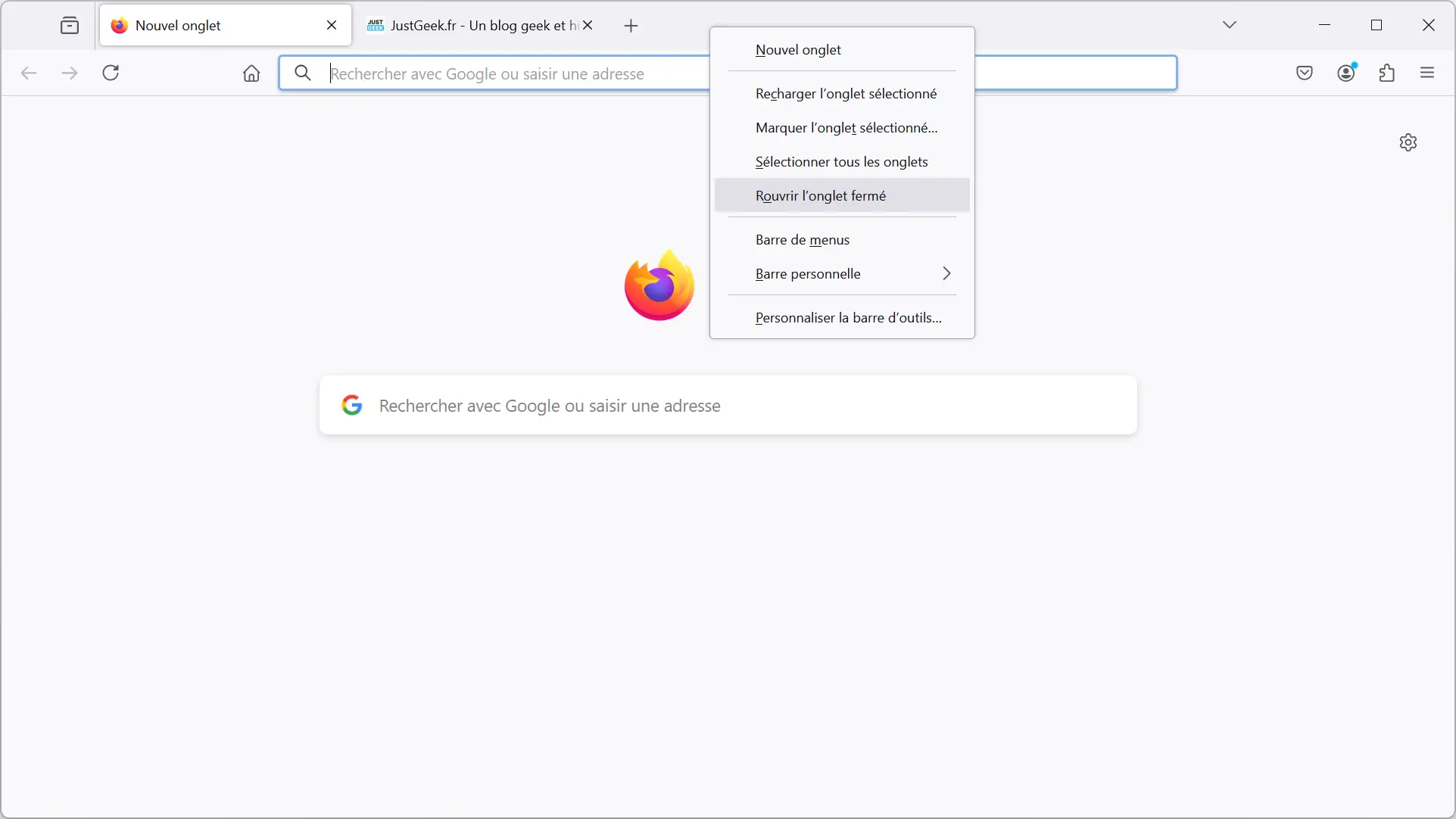 Rouvrir l'onglet fermé dans Firefox