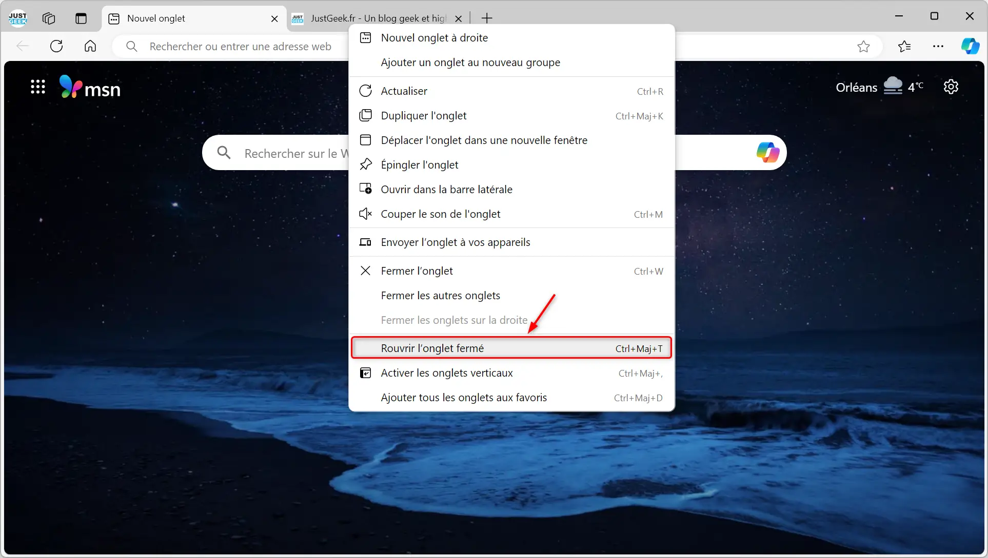 Rouvrir l'onglet fermé sur Microsoft Edge