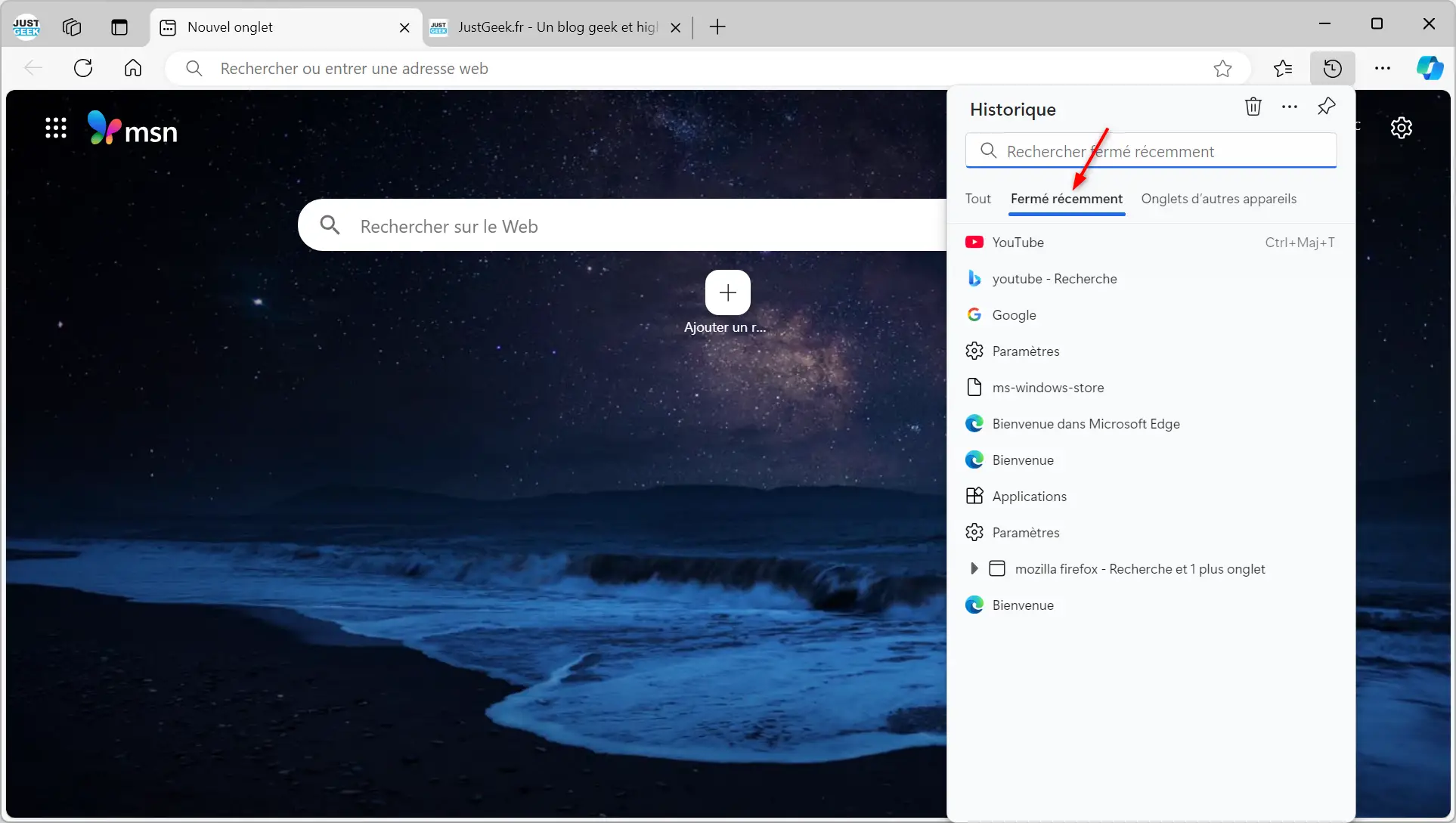 Onglets récemment fermés dans Microsoft Edge