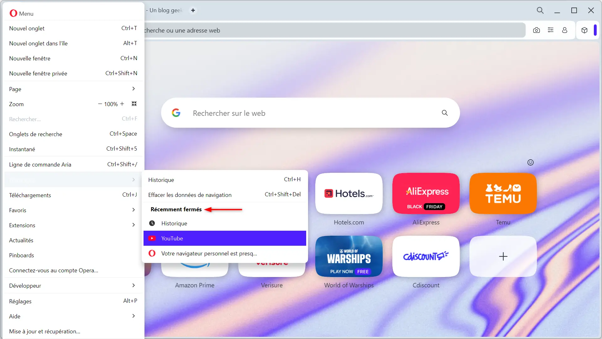 Consultez la liste des onglets récemment fermés dans Opera