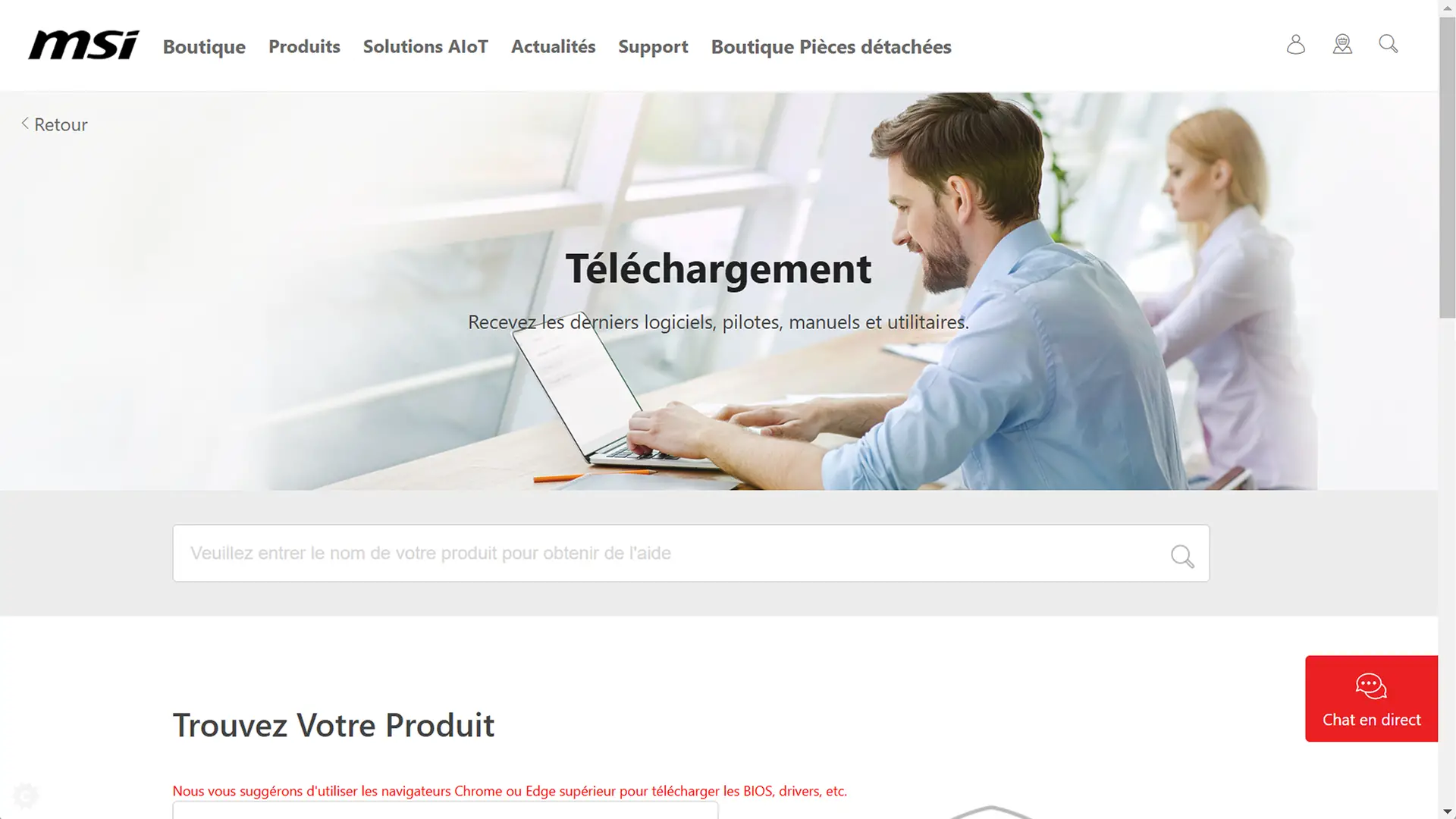 Capture d'écran de la page d'assistance du site MSI