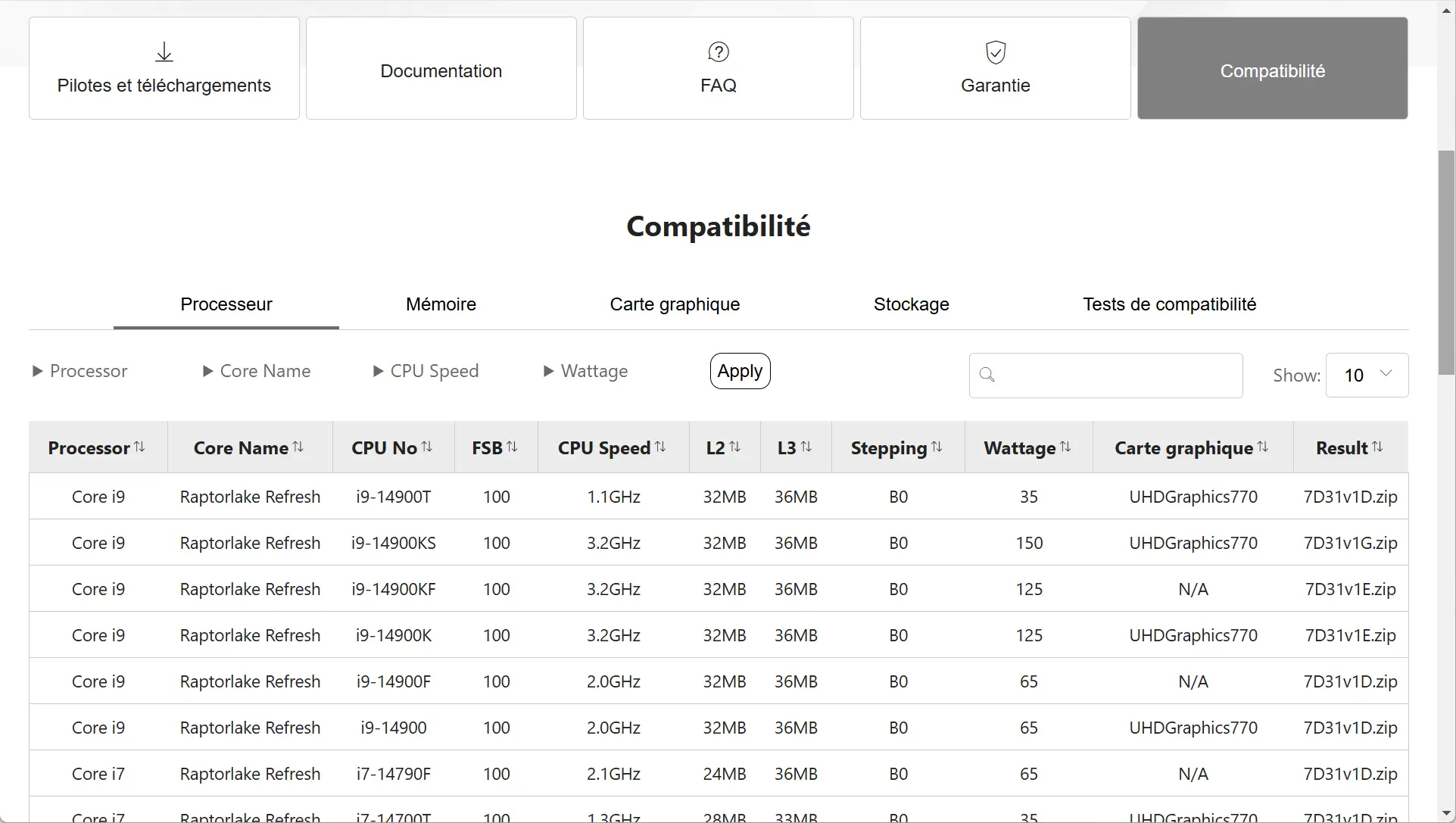 Page "Compatibilité" sur une référence de carte mère MSI