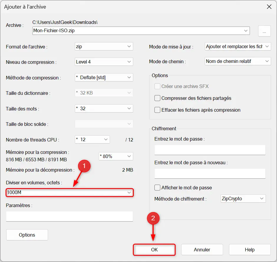 Fenêtre NanaZip affichant la possibilité de diviser le fichier en plusieurs volumes