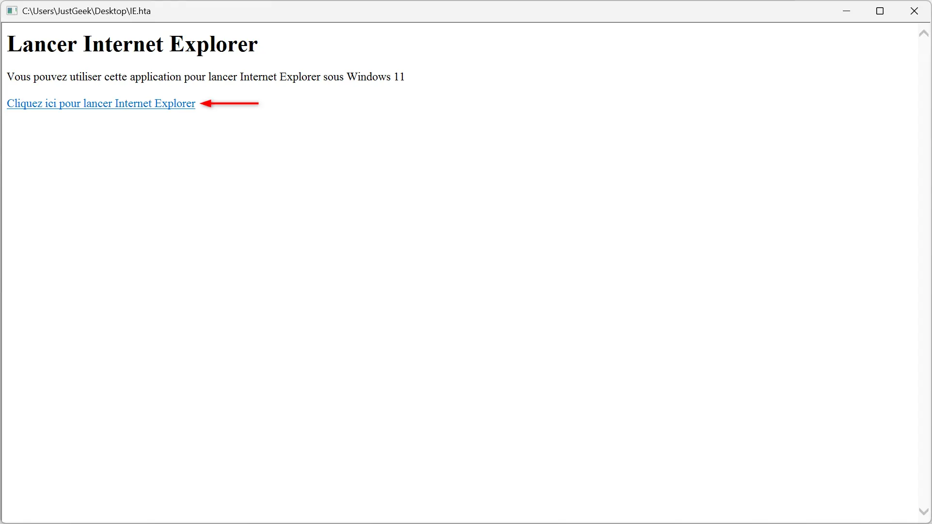 Fenêtre du fichier IE.hta affichant le lien « Cliquez ici pour lancer Internet Explorer »