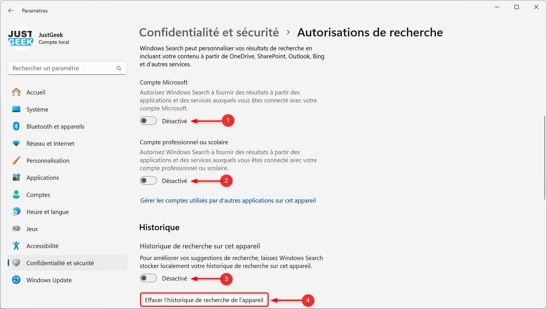 Désactiver la recherche dans le cloud et l'historique de recherche sous Windows