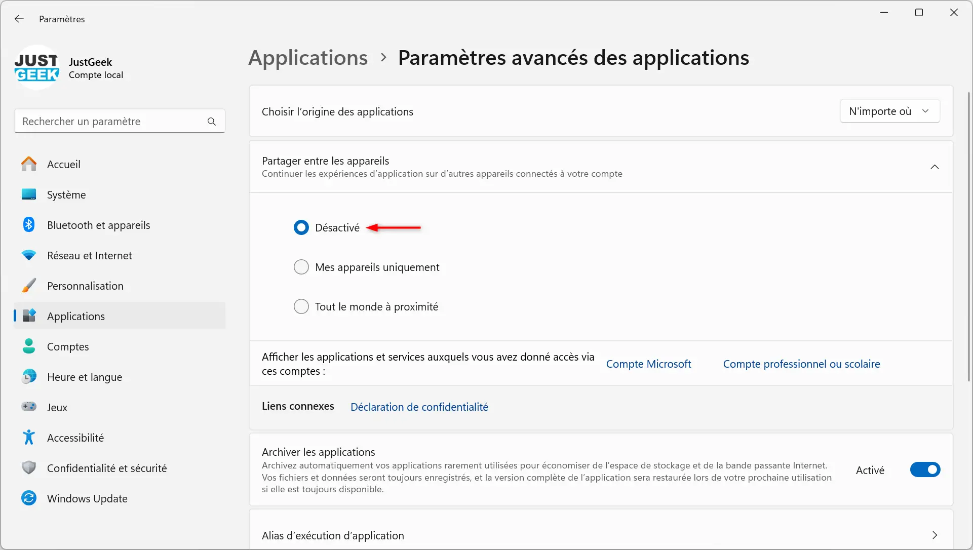 Désactiver le partage d'activité entre appareils sous Windows