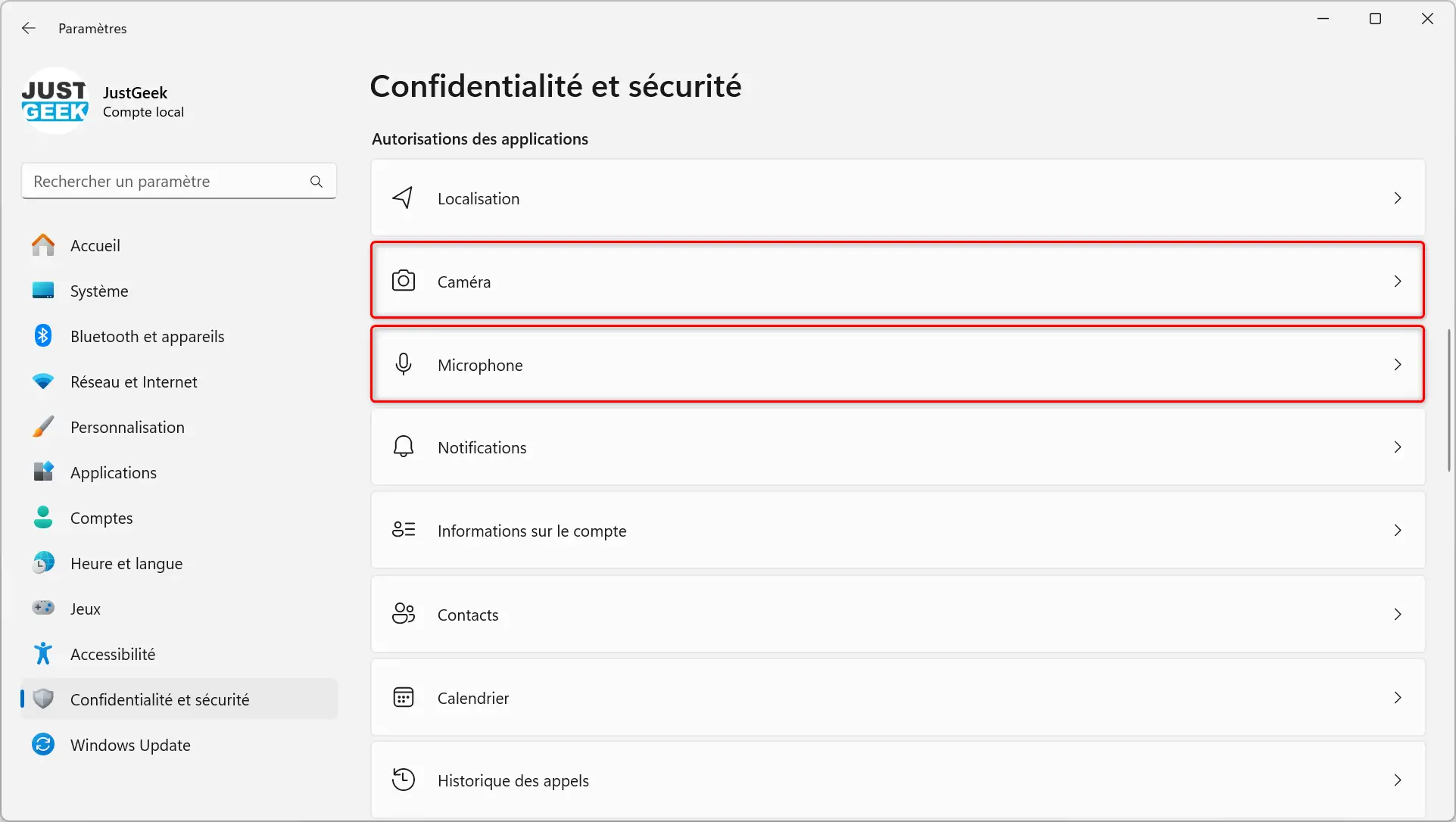Contrôler les autorisations de la caméra et du micro sous Windows