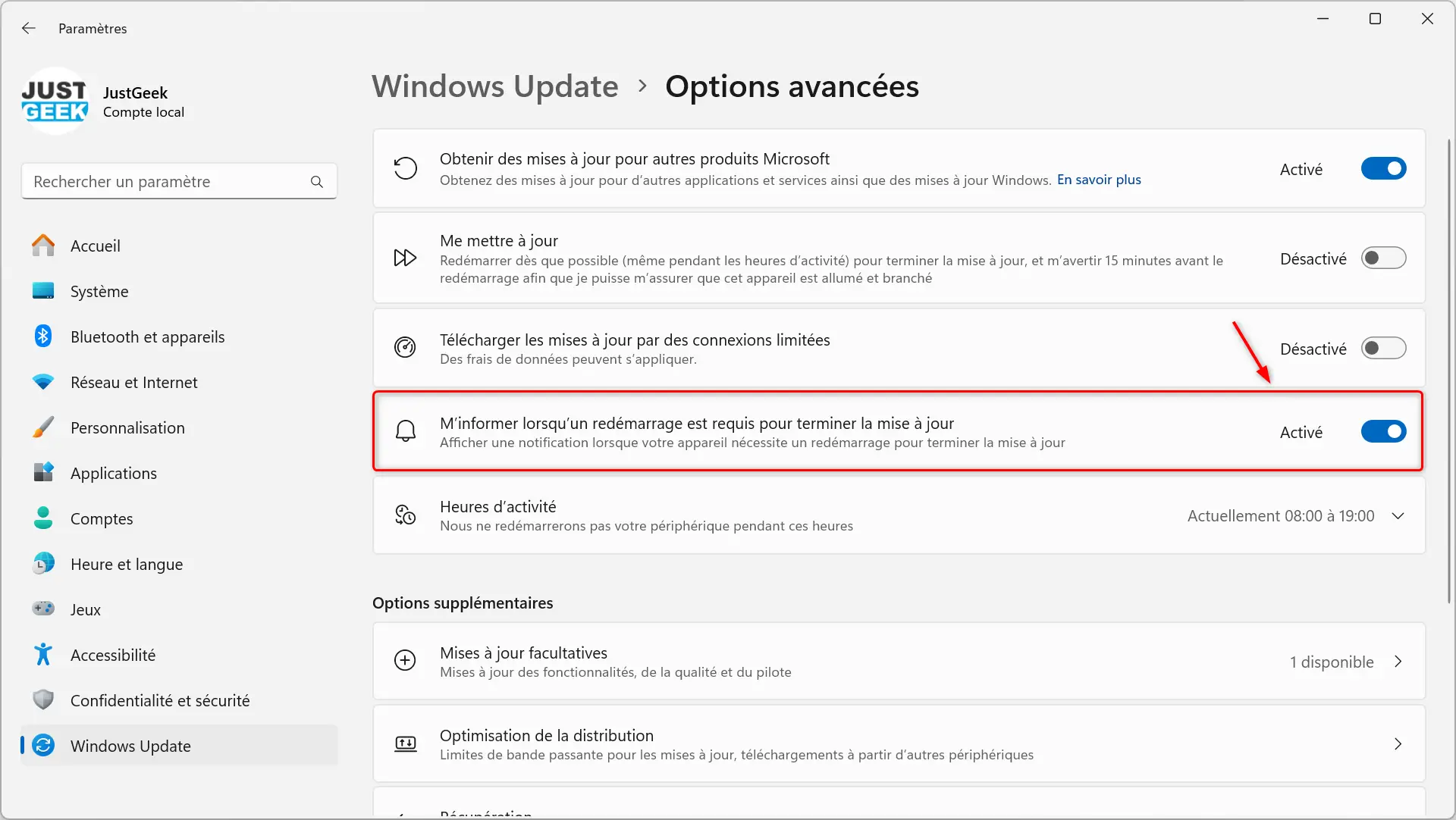 Capture d'écran montrant les notifications de redémarrage de Windows Update activées