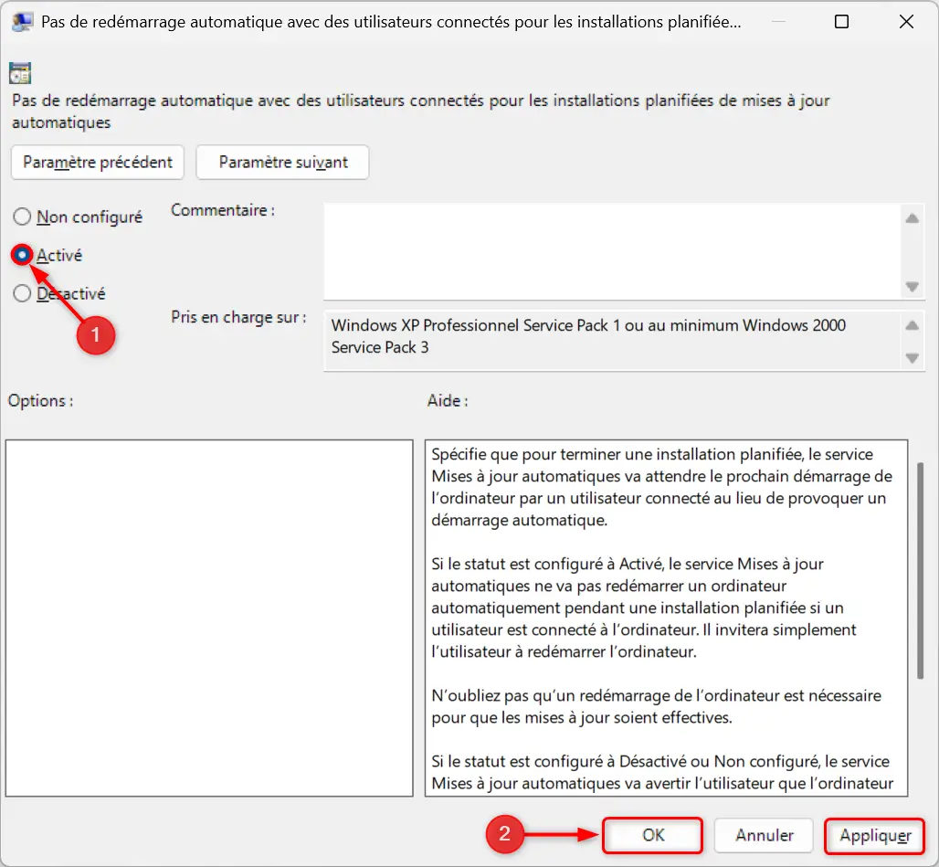 Option de stratégie de groupe activée pour empêcher le redémarrage automatique avec les utilisateurs connectés