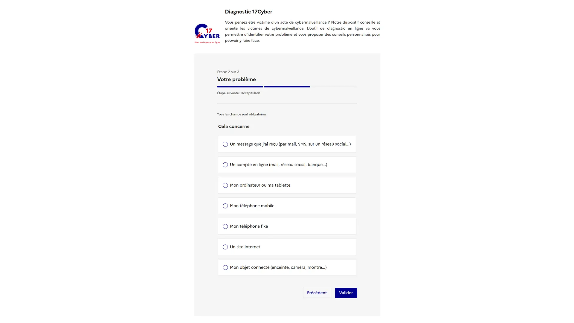 Exemple de formulaire à remplir sur le site 17Cyber