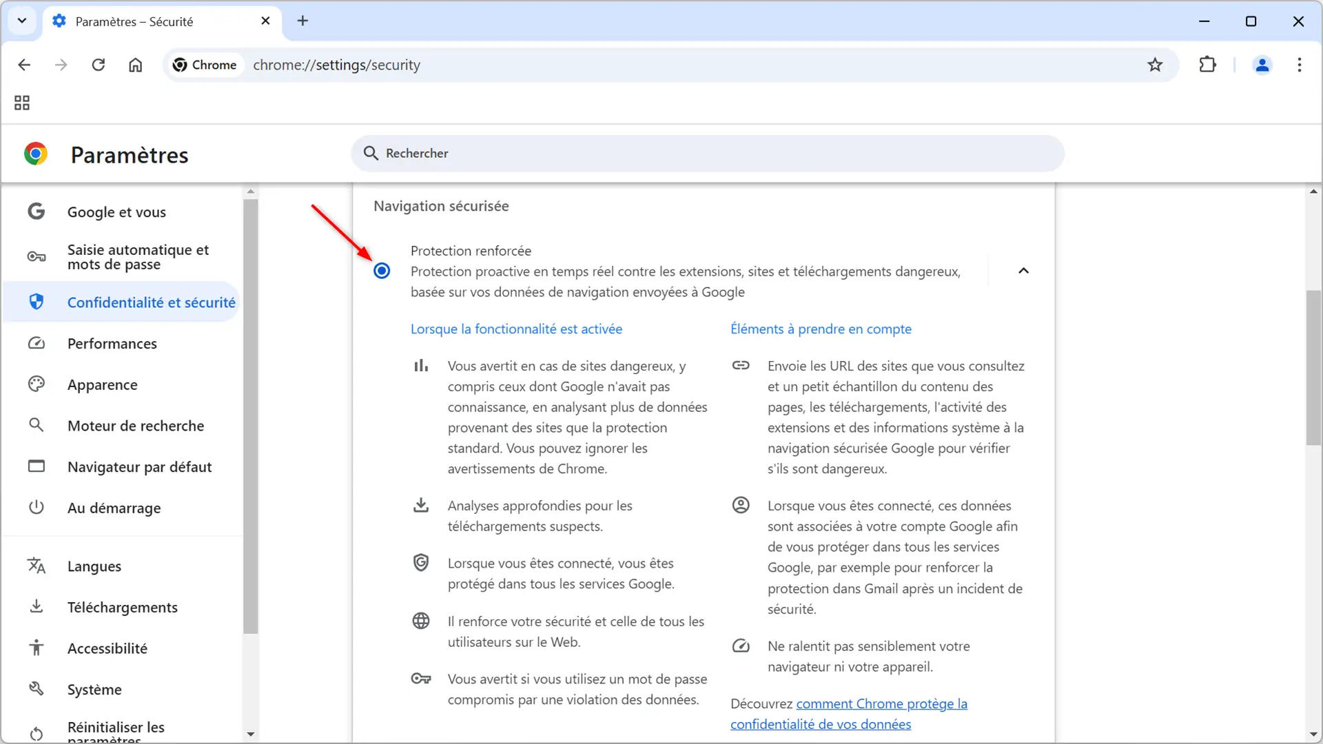 Activer la protection renforcée dans Chrome