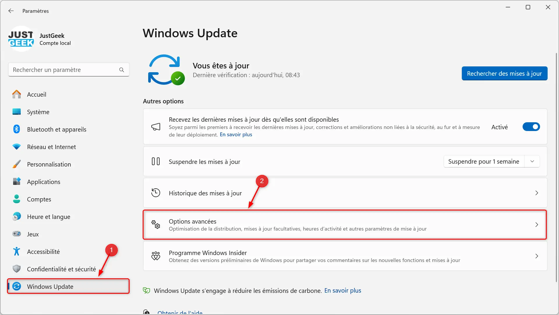 Capture d'écran du menu des options avancées de Windows Update.