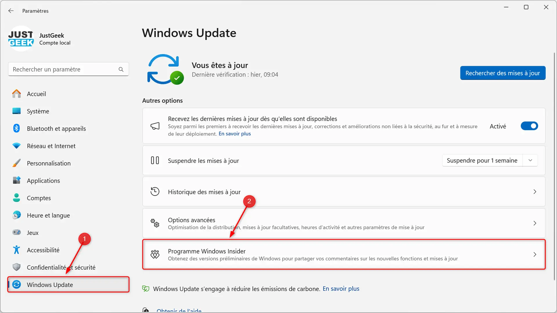 Capture d'écran de l'interface Windows Update avec l'option « Programme Windows Insider » en surbrillance.