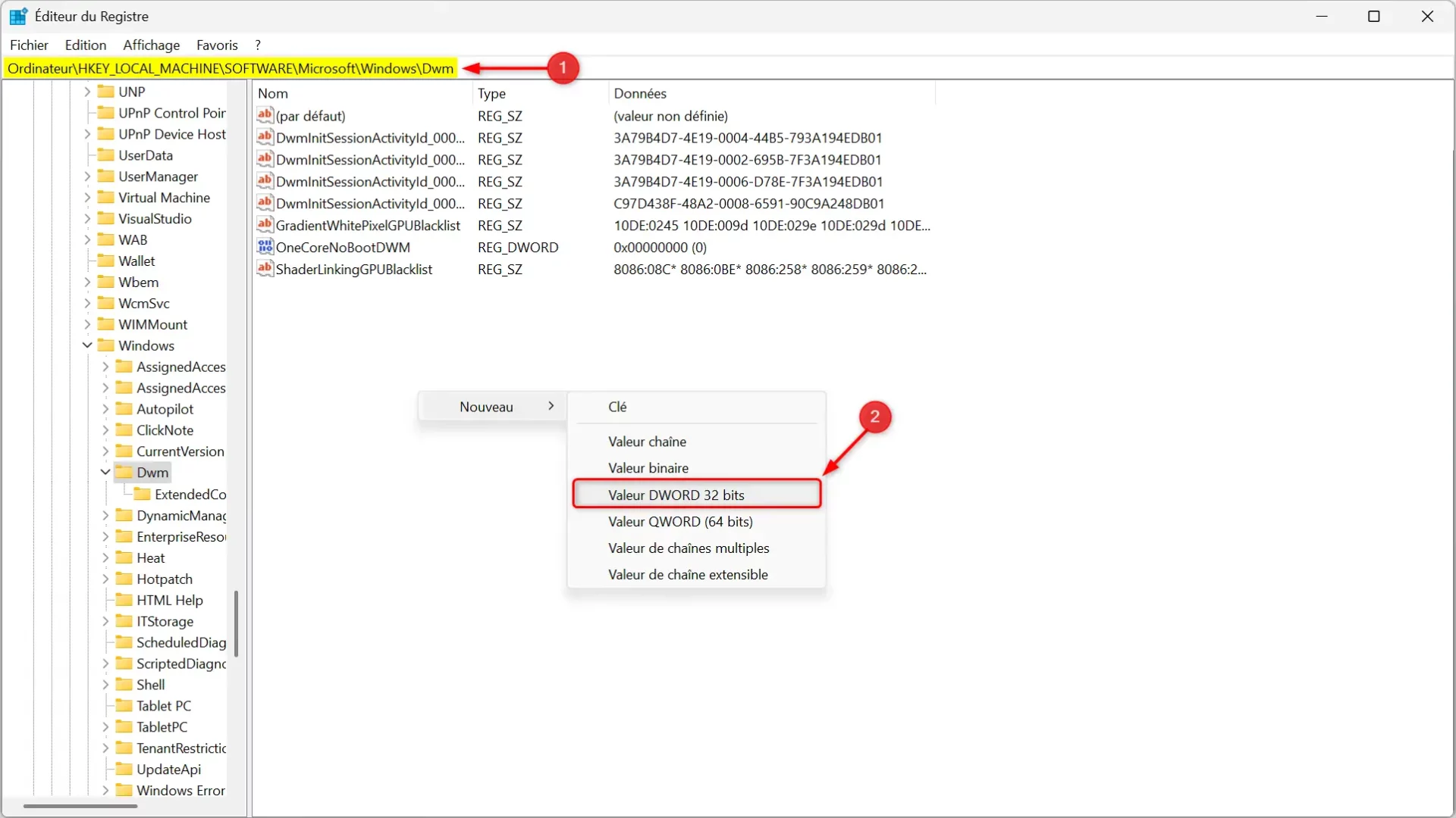 Accédez au chemin HKEY_LOCAL_MACHINE\SOFTWARE\Microsoft\Windows\Dwm dans l’Éditeur du Registre Windows.
