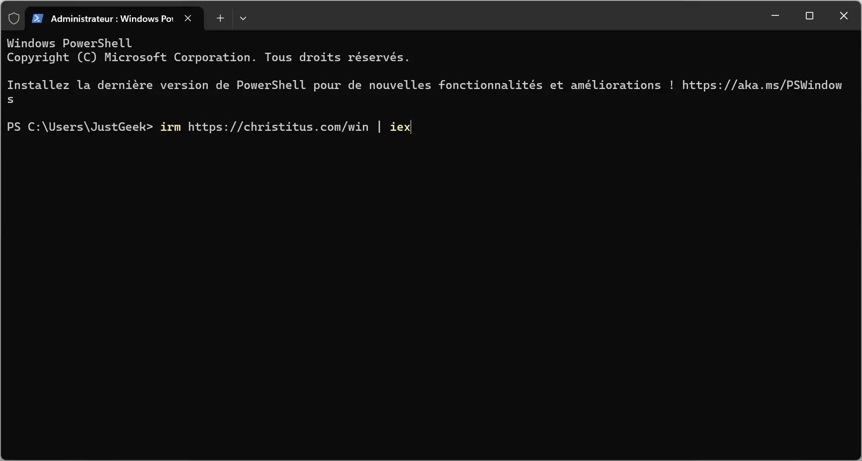 Commande pour lancer WinUtil dans le terminal Windows