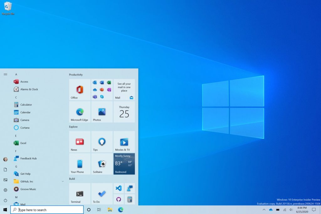 Windows 10 Nouveau menu Démarrer le bureau de juillet 2020