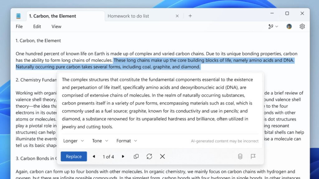 Réécriture de l'IA de l'intelligence artificielle du Bloc-notes Windows 11