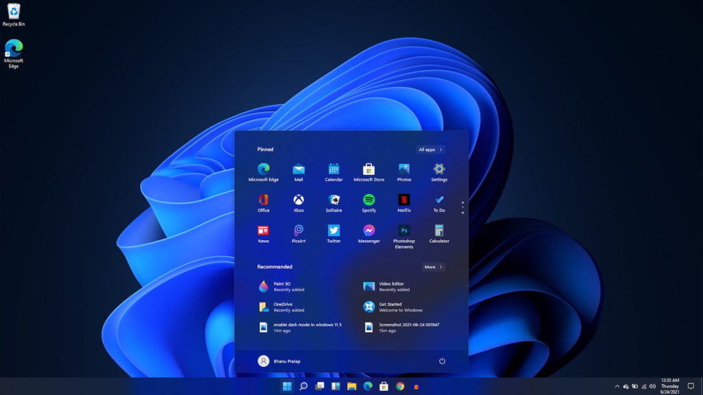 Menu de bureau Dark Windows 11