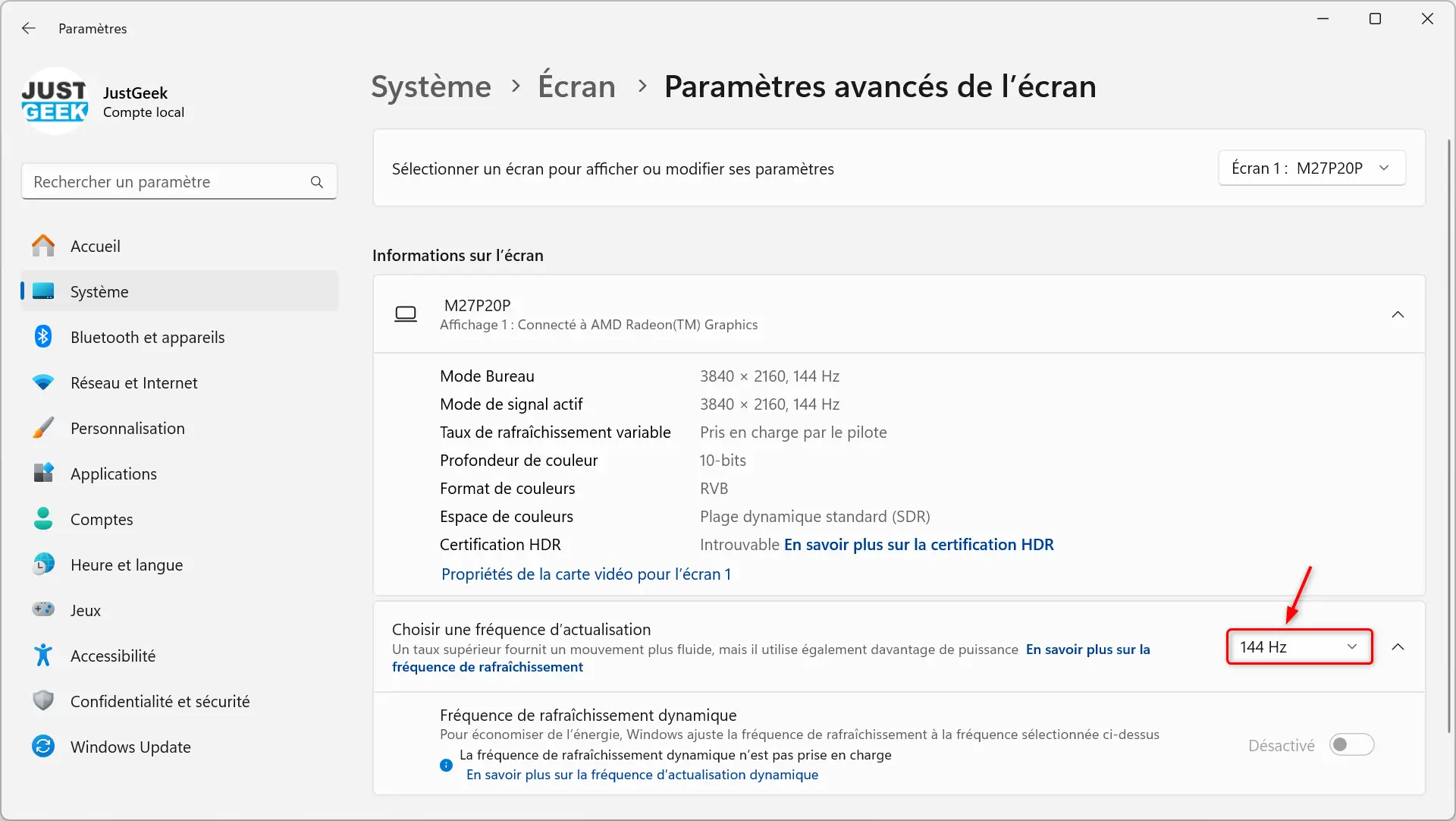 Changer le taux de rafraîchissement dans Windows 11