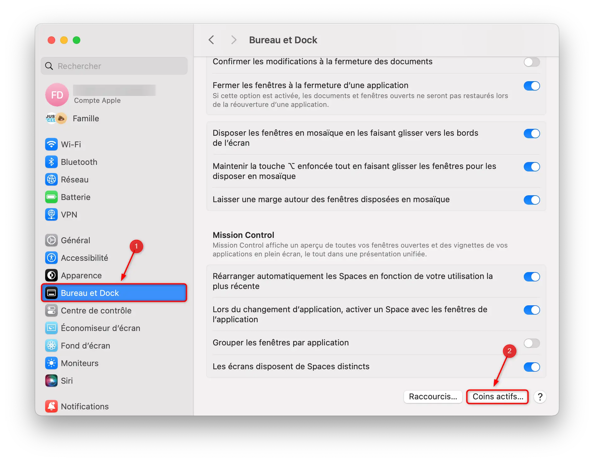 Paramètres système pour activer les Hot Corners sur Mac