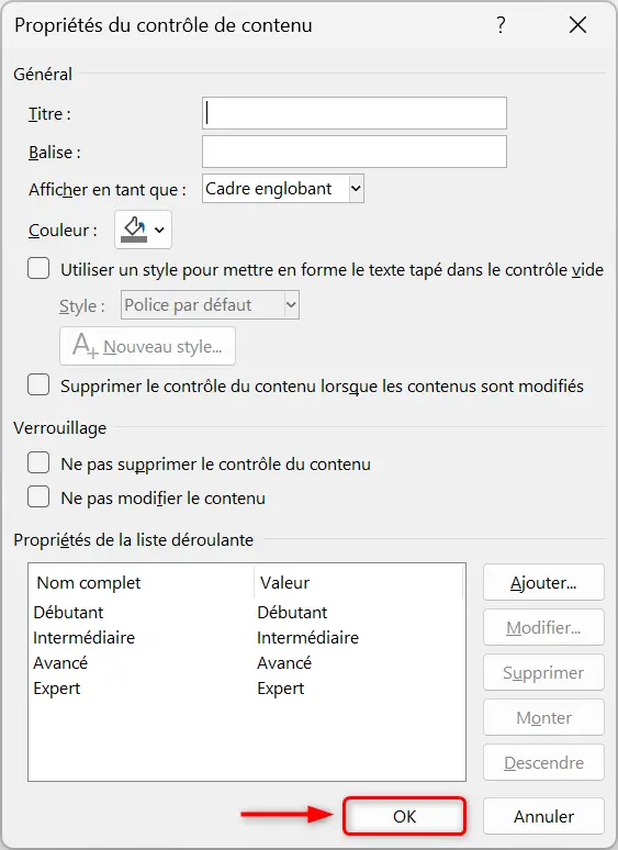 Validez la liste déroulante