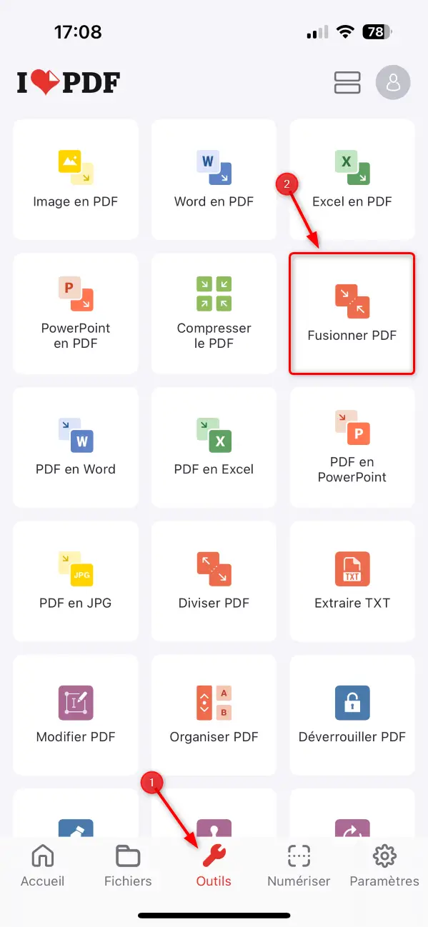 fusionner pdf sur android ios ilovepdf etape 1.webp