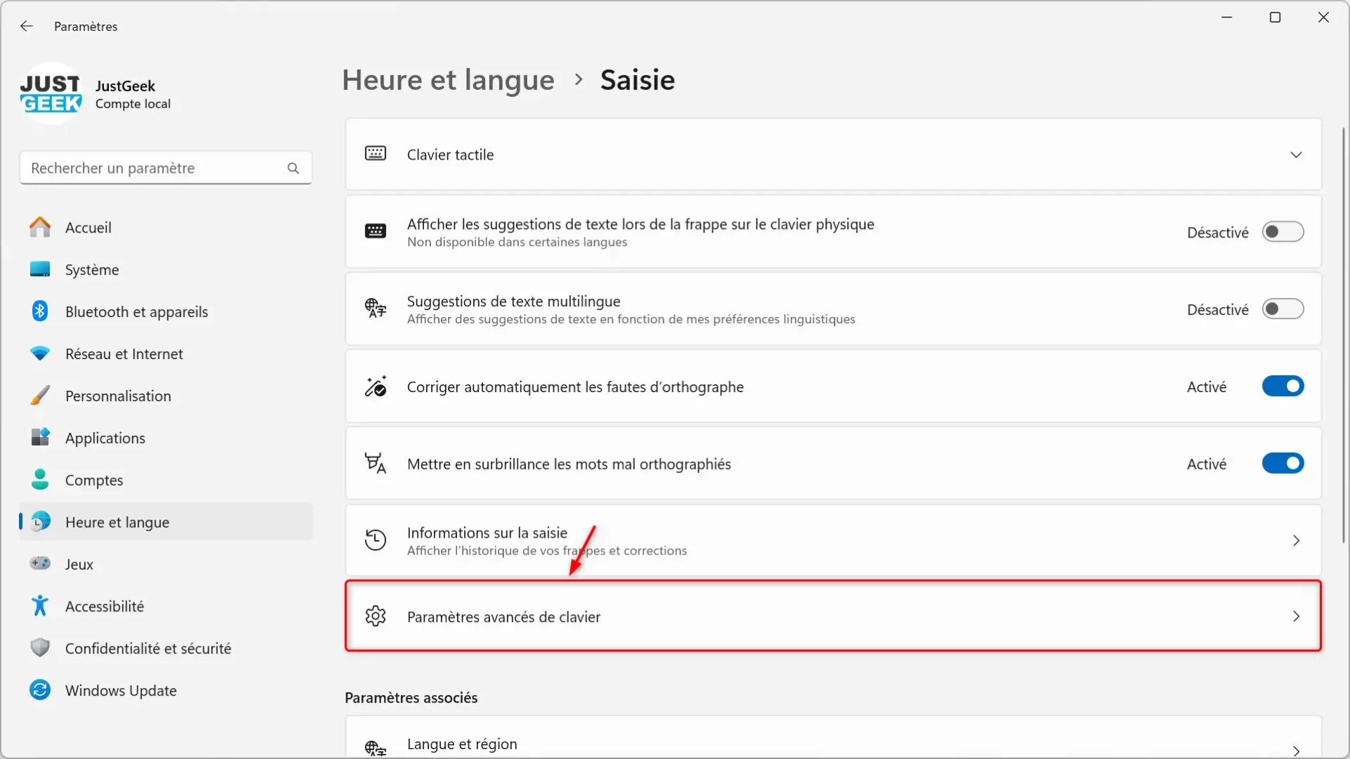 Paramètres avancés du clavier sous Windows