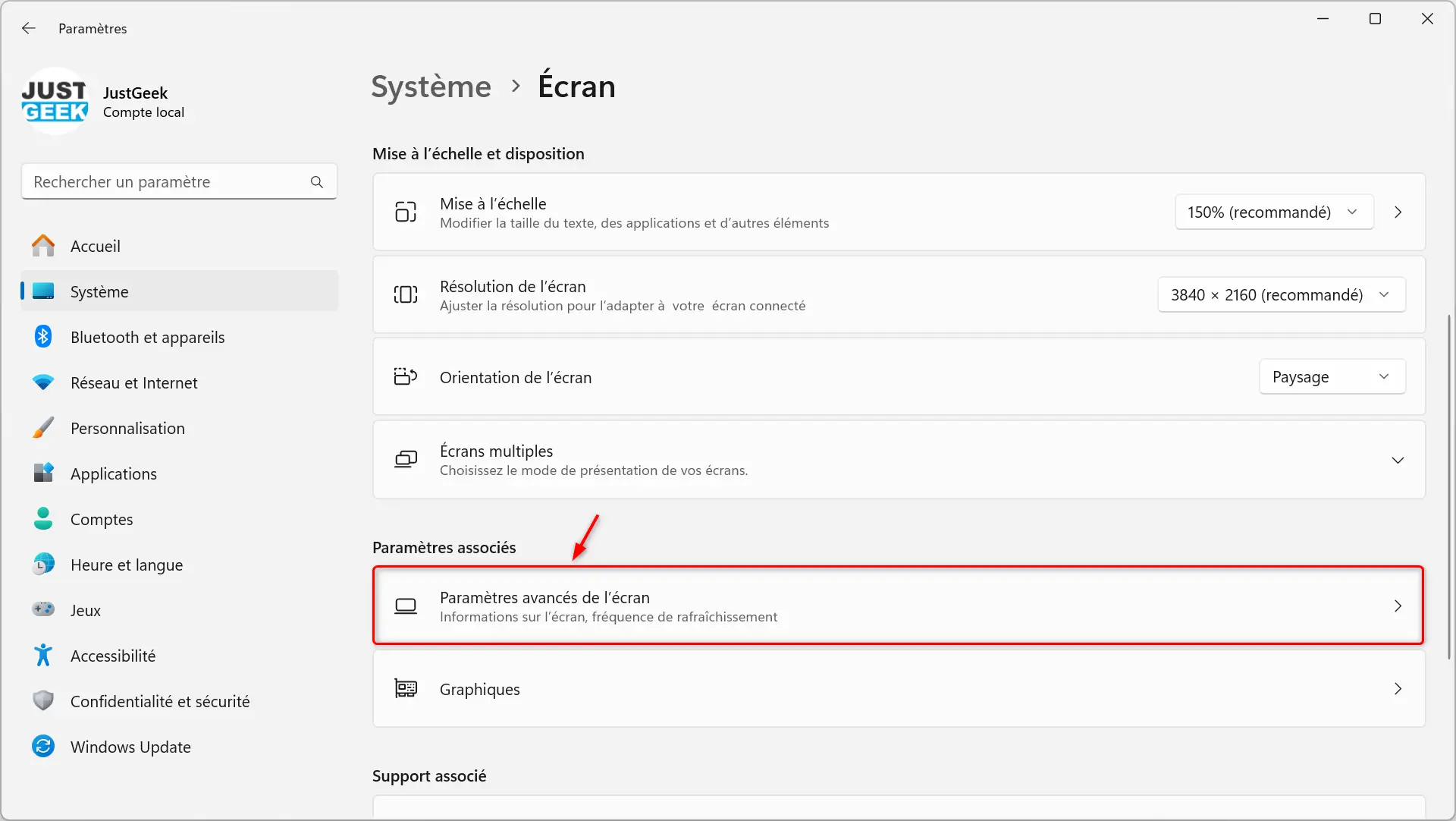 Paramètres d'écran avancés dans Windows 11