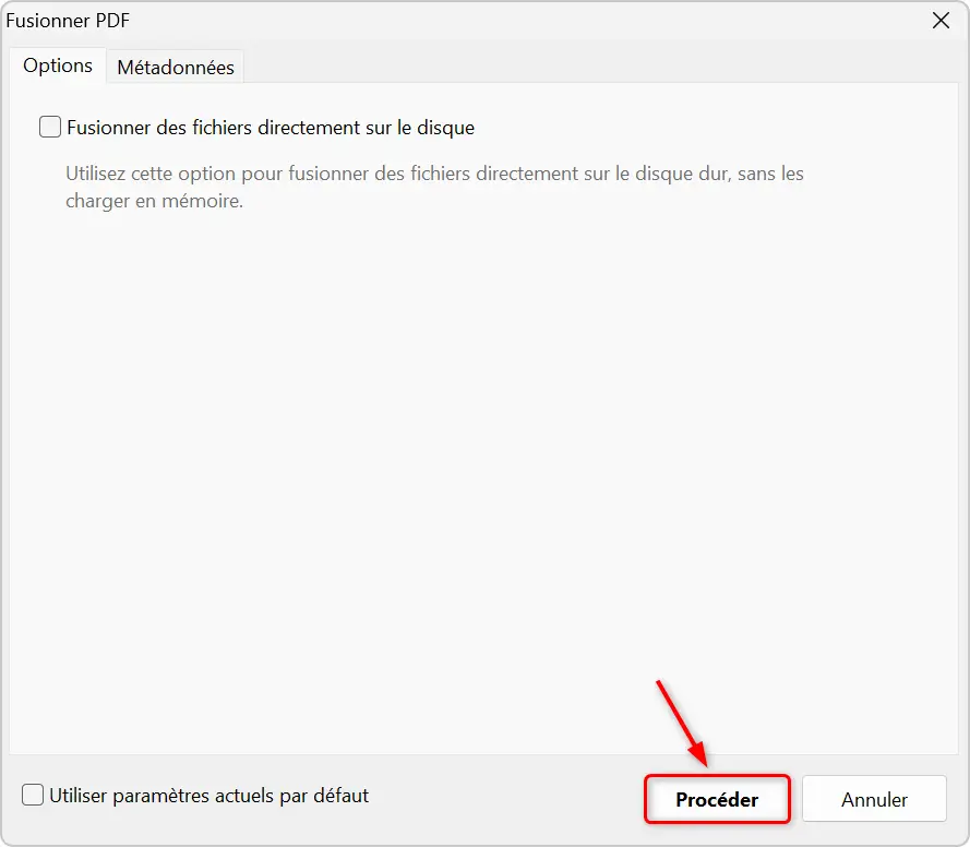 Démarrer l'opération de fusion de fichiers PDF