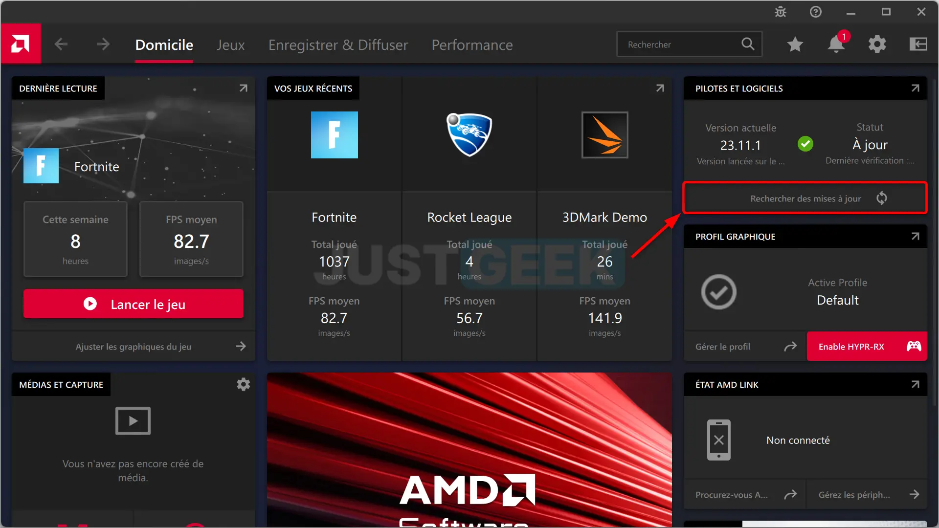 Recherchez les mises à jour des pilotes graphiques dans le logiciel AMD : Adrenalin Edition