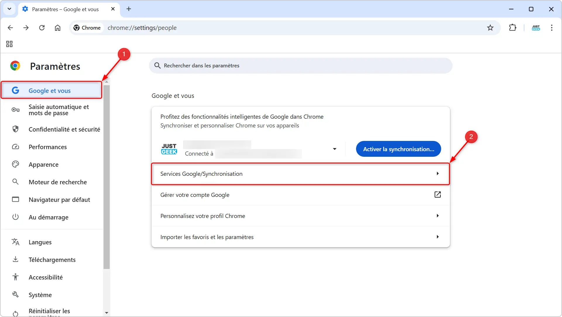 Paramètres Services Google/Synchronisation Chrome