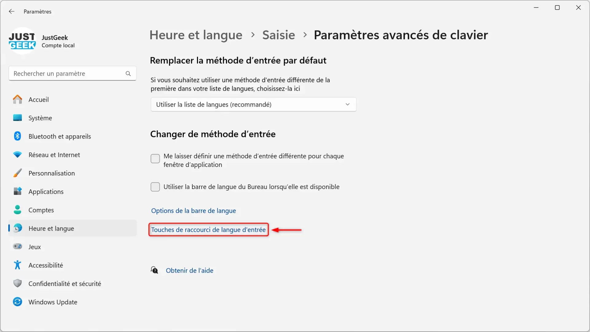 Touches de raccourci pour la langue de saisie