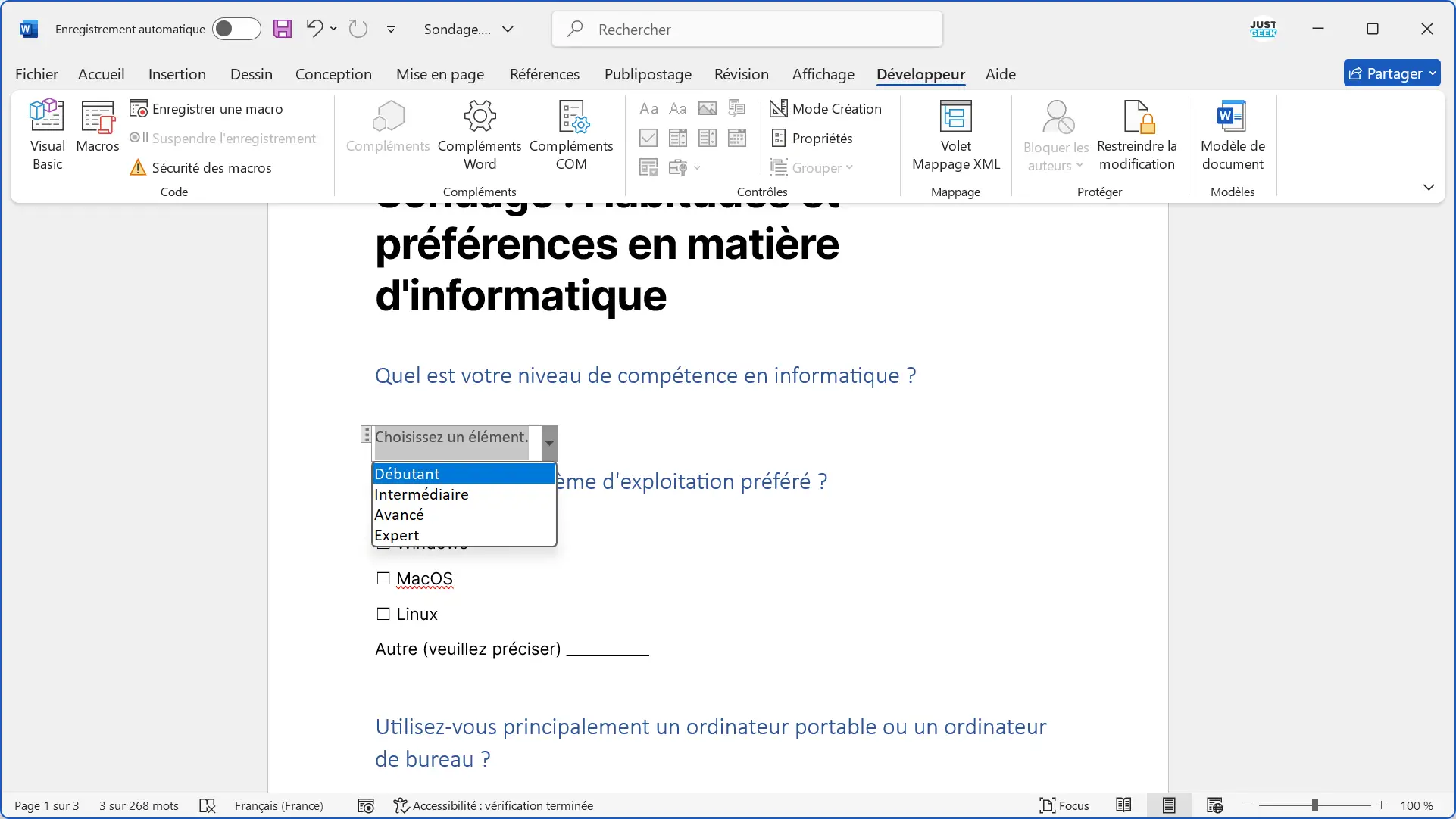 Vérifiez que la liste déroulante est fonctionnelle dans Word