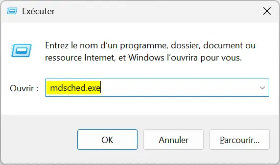 Ouvrez l'outil de diagnostic de la mémoire Windows à partir de la boîte de dialogue Exécuter.
