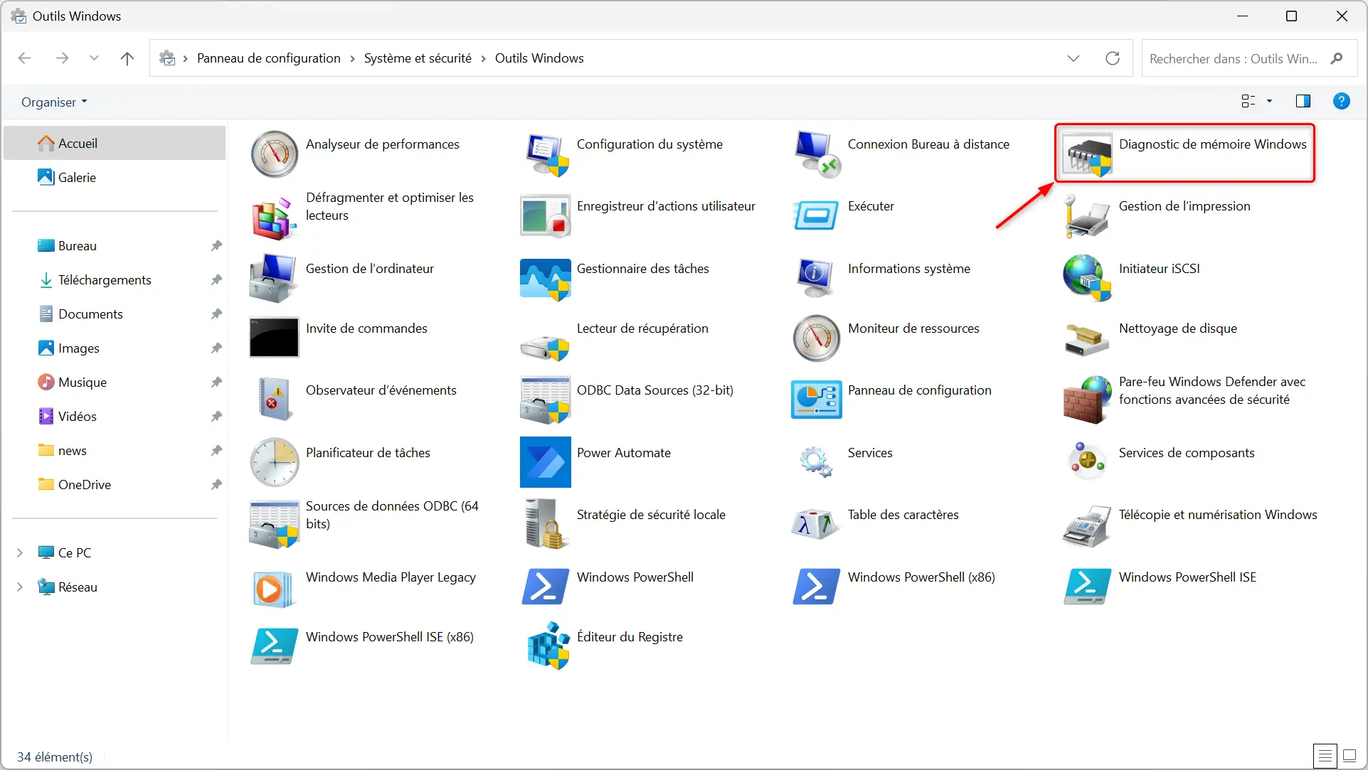 Ouvrez l'outil de diagnostic de la mémoire Windows à partir du Panneau de configuration