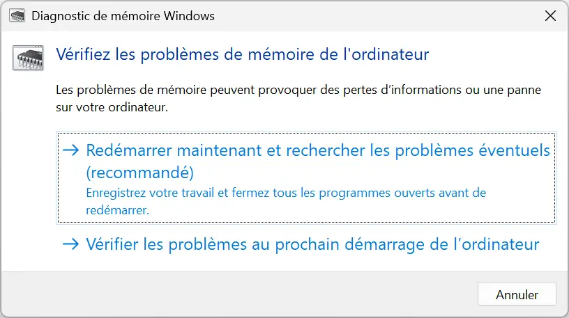 Ouvrez l'outil de diagnostic de la mémoire Windows à partir du menu Démarrer