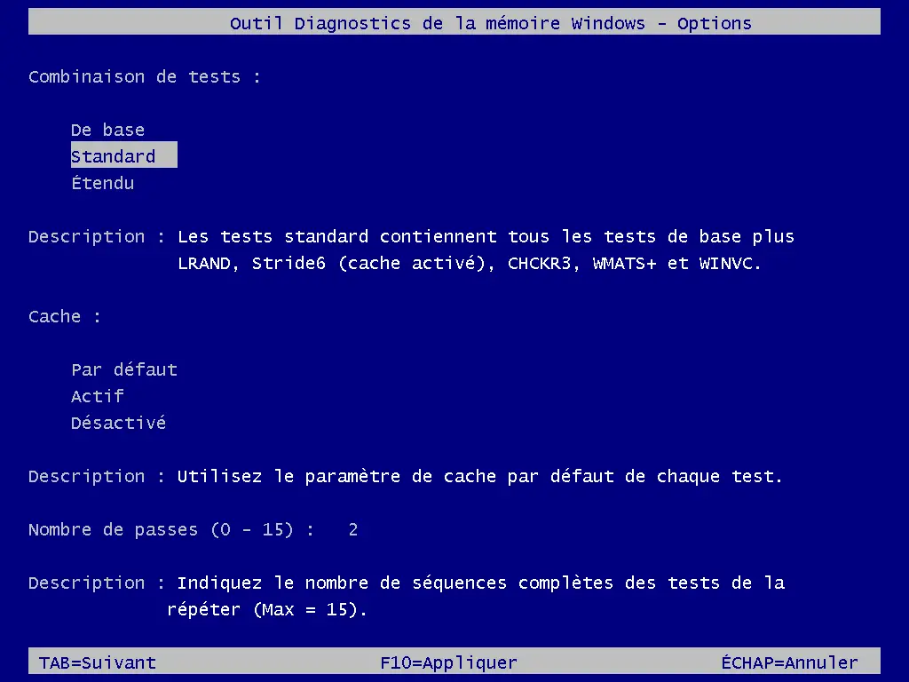 Options de diagnostic de la mémoire Windows