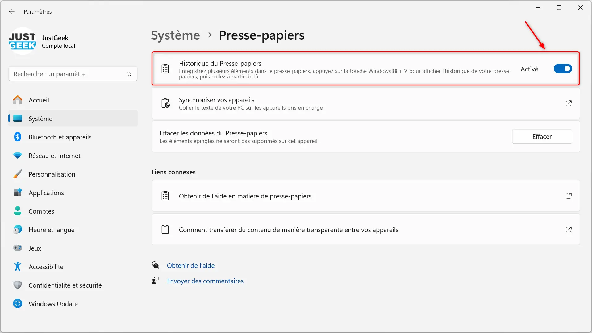 Capture d'écran des paramètres de Windows 11 montrant l'option permettant d'activer l'historique du presse-papiers.