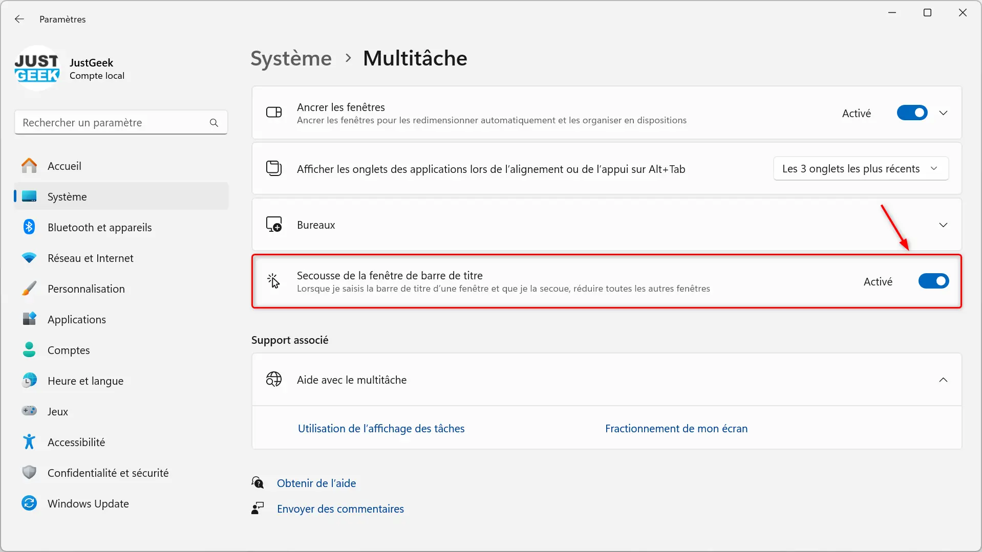 Section multitâche des paramètres de Windows 11 avec l’option Secouer la barre de titre activée.