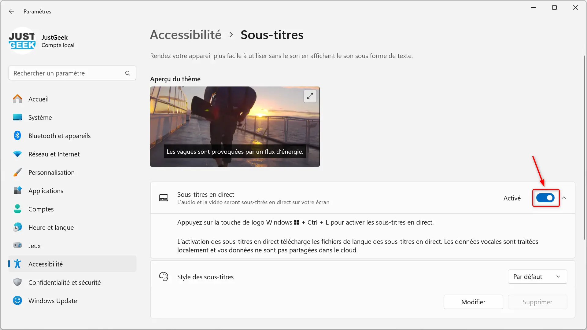 Fenêtre Paramètres de Windows 11 avec Live Captions activé dans la section Accessibilité.