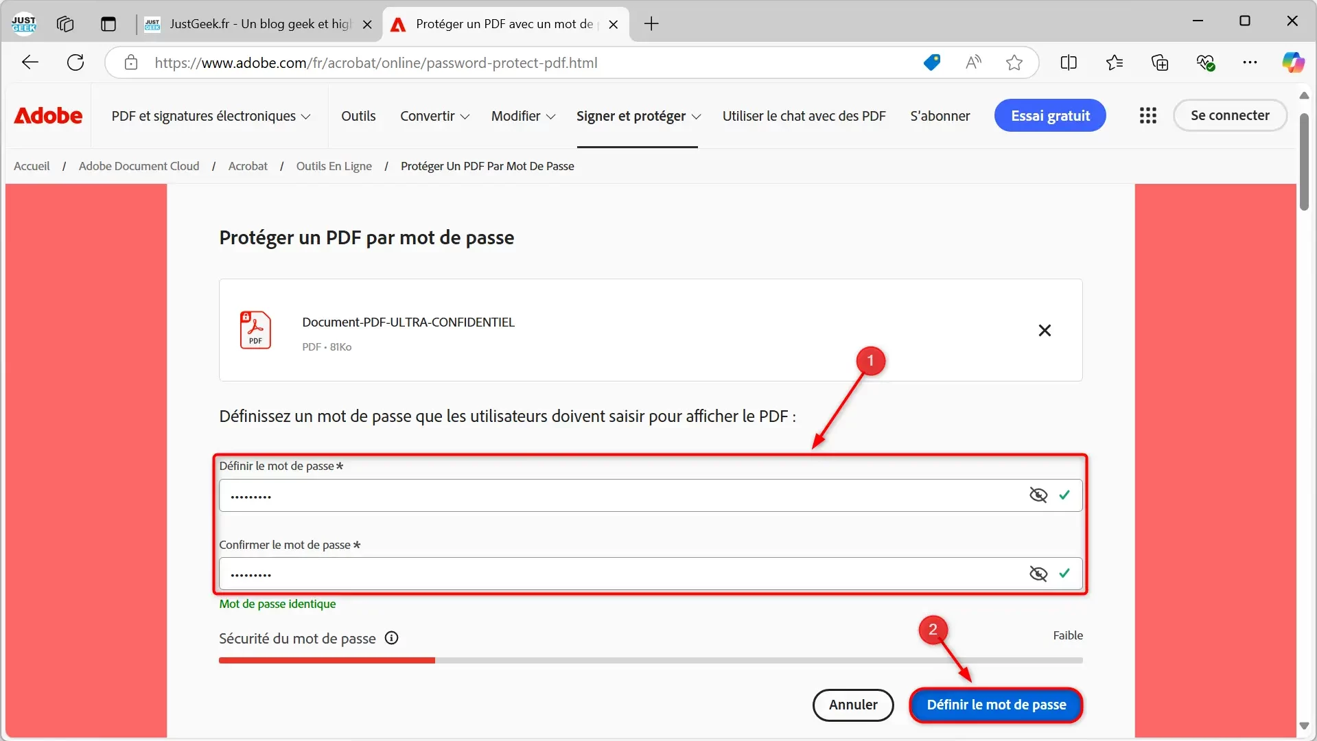 Entrer un mot de passe pour protéger un fichier PDF sur Adobe Acrobat en ligne.