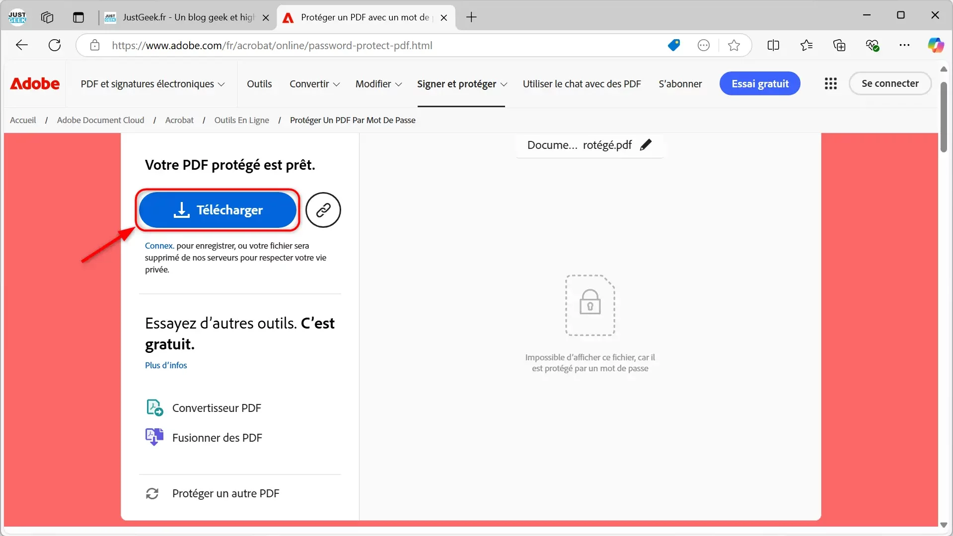 Téléchargez le fichier PDF protégé d'Adobe Acrobat Online.