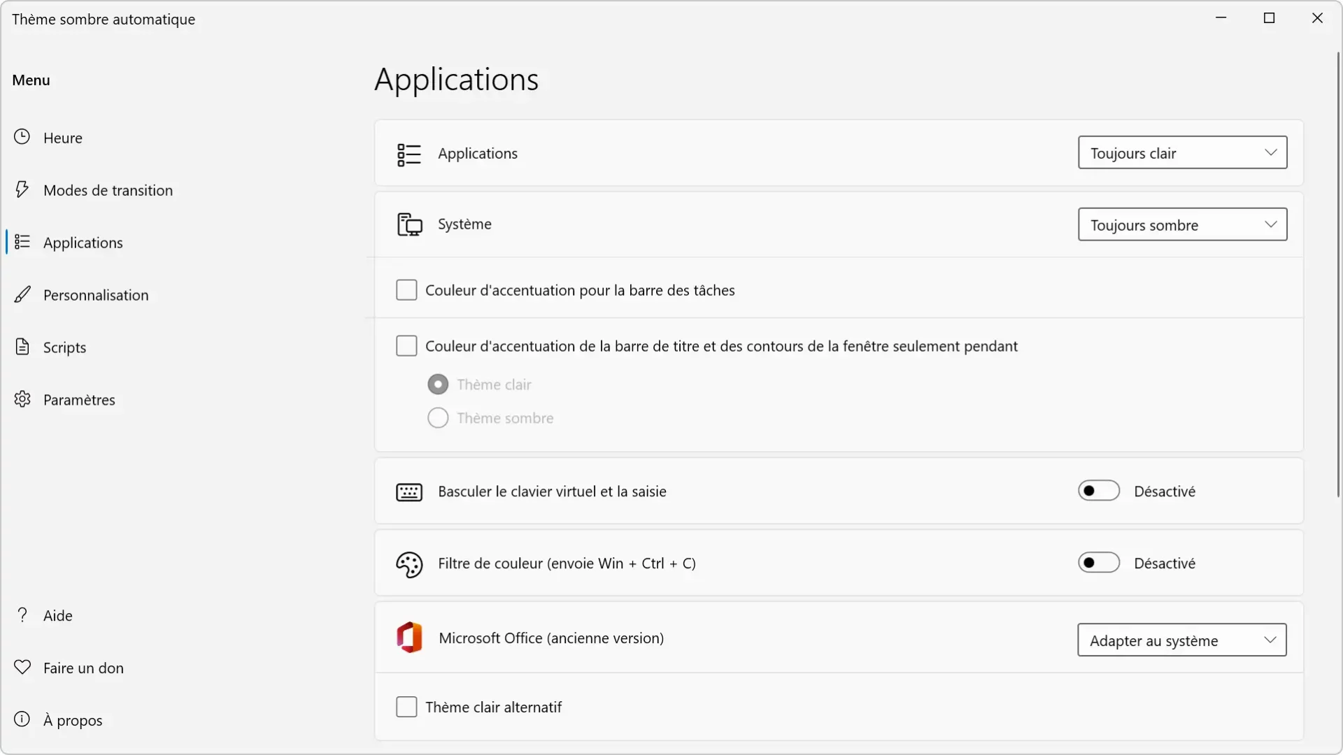 Paramètres de l'application Mode sombre automatique