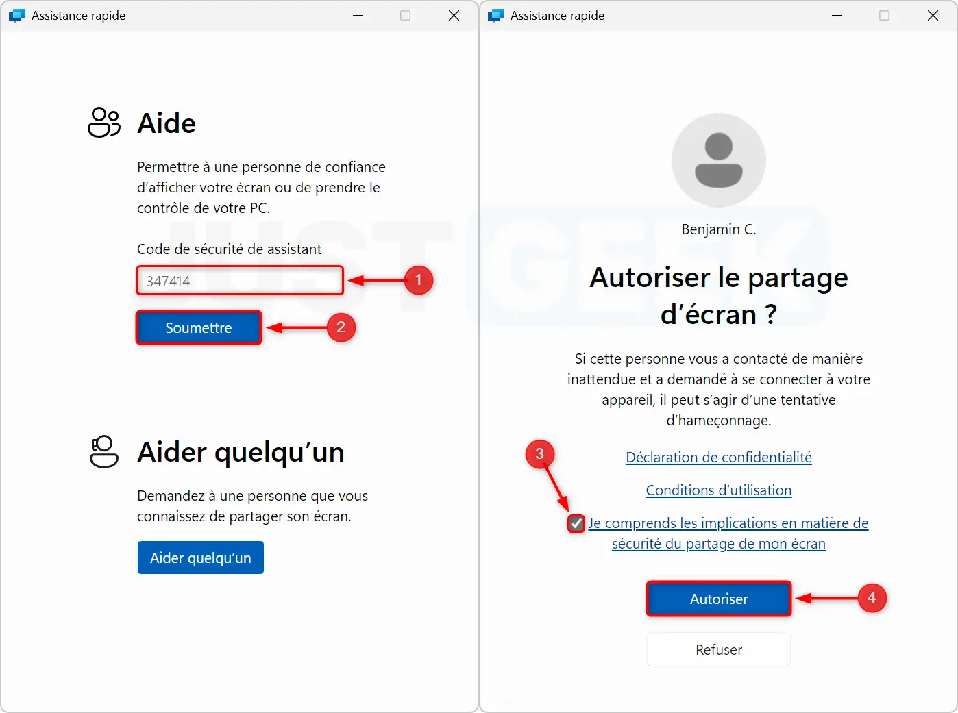 Entrez le code de sécurité et autorisez le partage d'écran de l'aide rapide