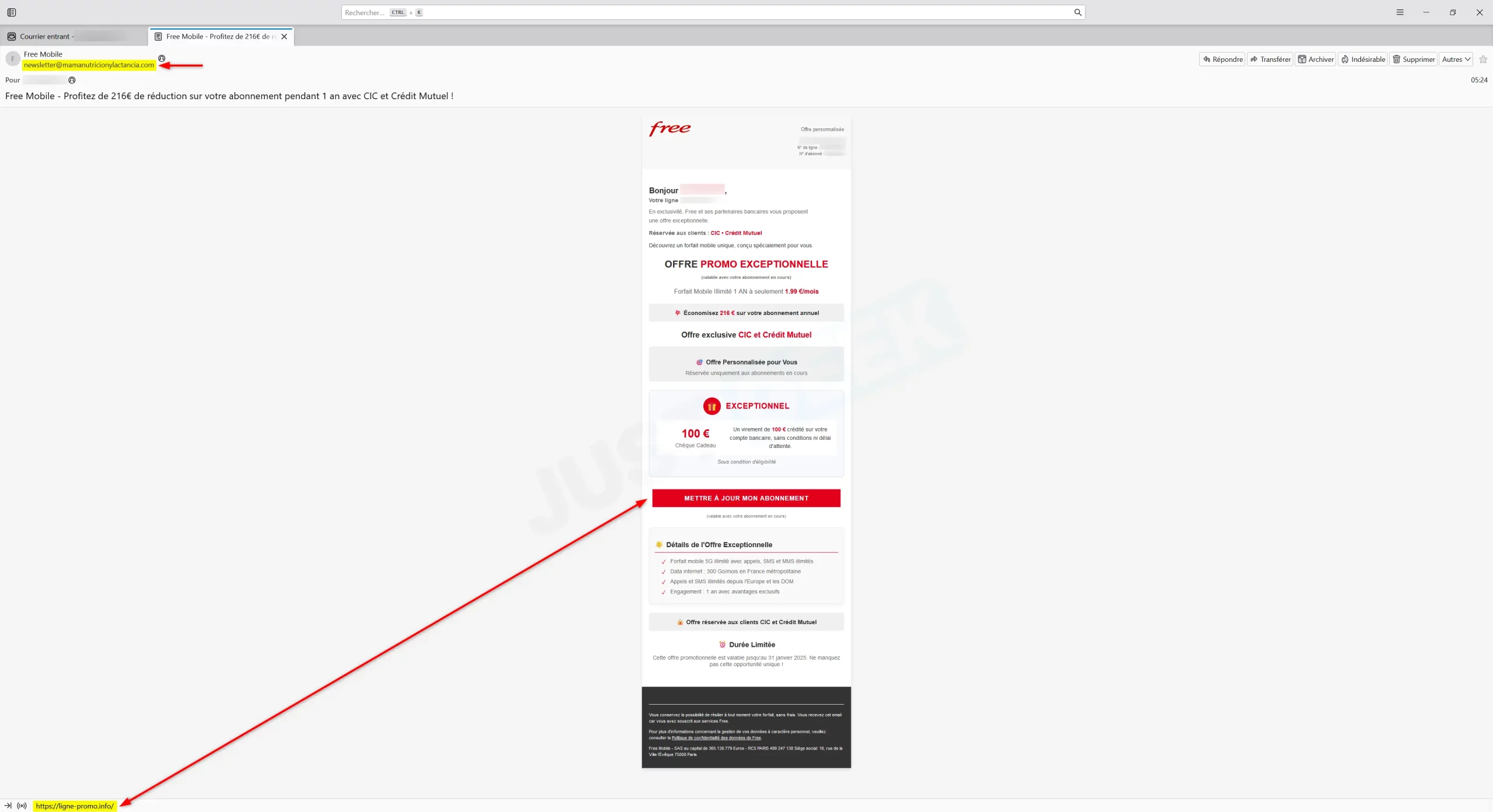 Capture d'écran d'un e-mail de phishing prétendant provenir de Free et promettant une réduction sur l'abonnement.