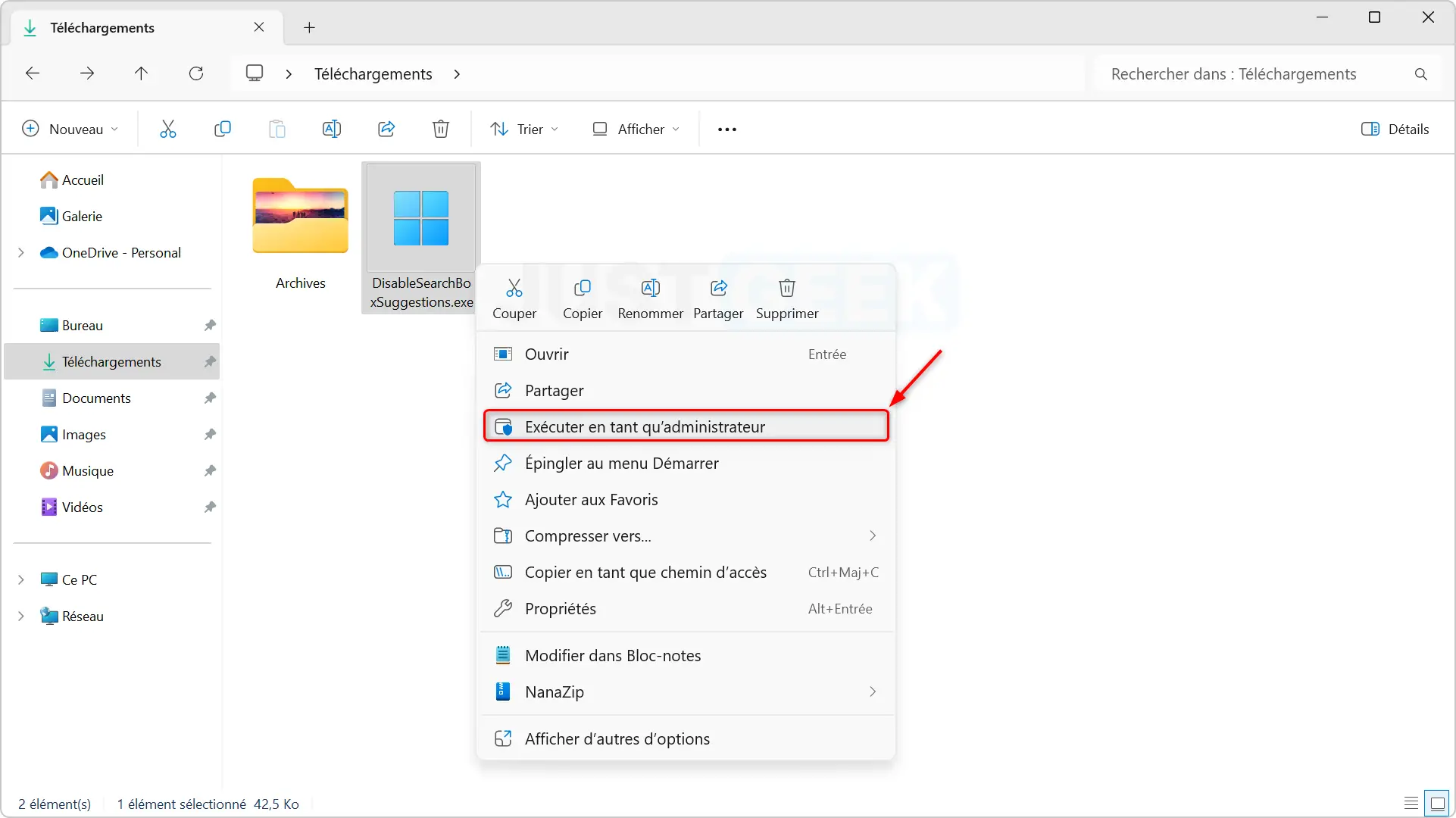 Fenêtre de l'Explorateur Windows affichant le fichier de suggestions de désactivation du champ de recherche, prêt à être exécuté en tant qu'administrateur.