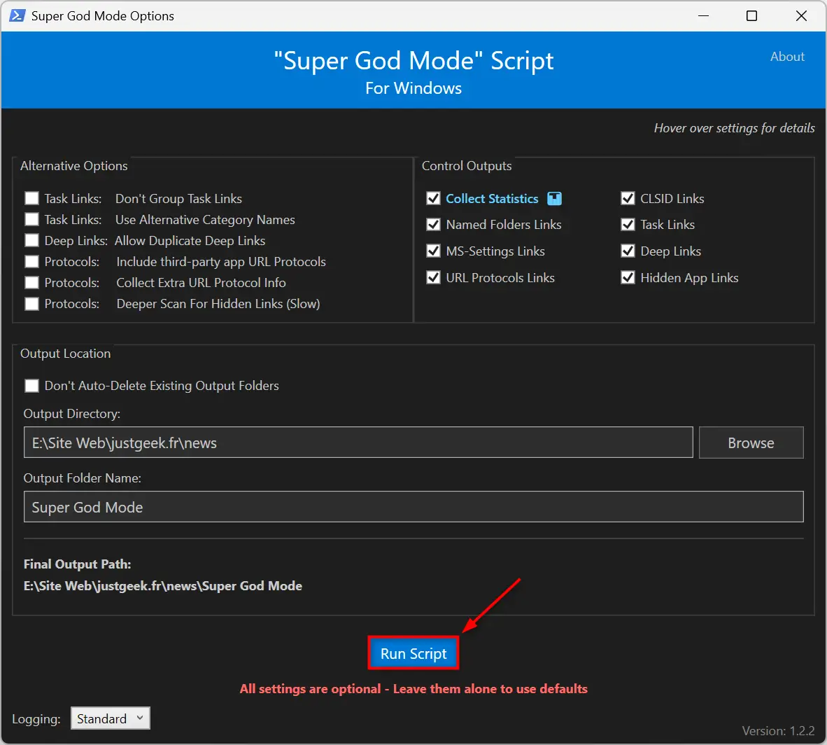 Exécutez le script du mode Super Dieu